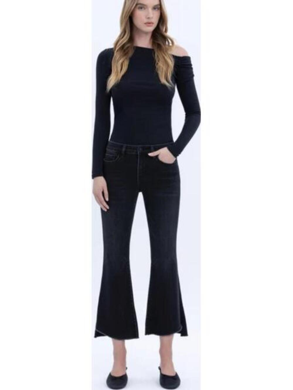 Vervet Mid Rise Step Hem Crop Flare Alison BLACK 28 NEW